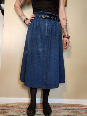 Vintage 1990s Chic Gathered Denim Midi Skirt